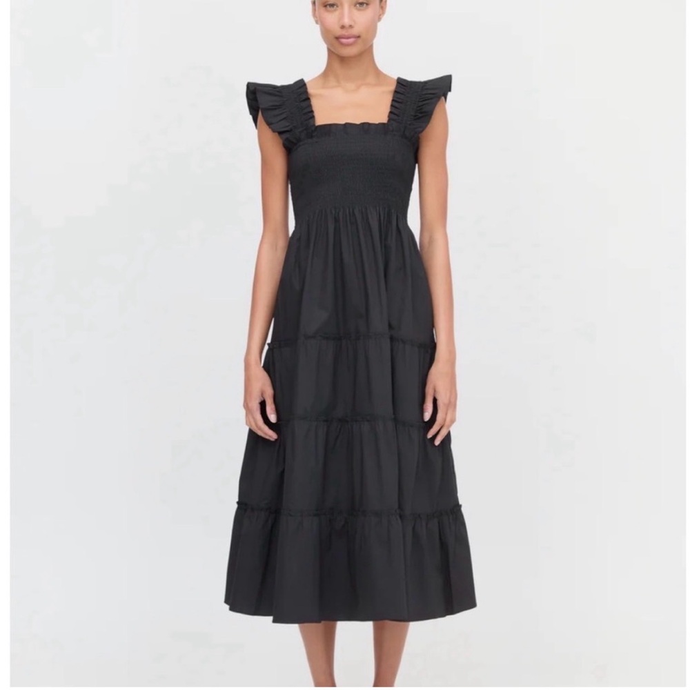 Hill House Black Midi Dress with Ruffle Sleeves